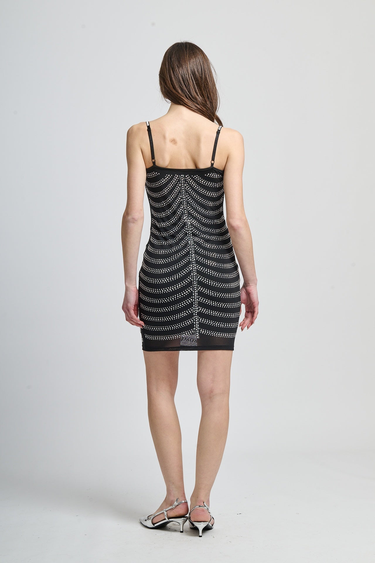 Vestito corto con strass, taglio aderente, spalline sottili, per serate notturne