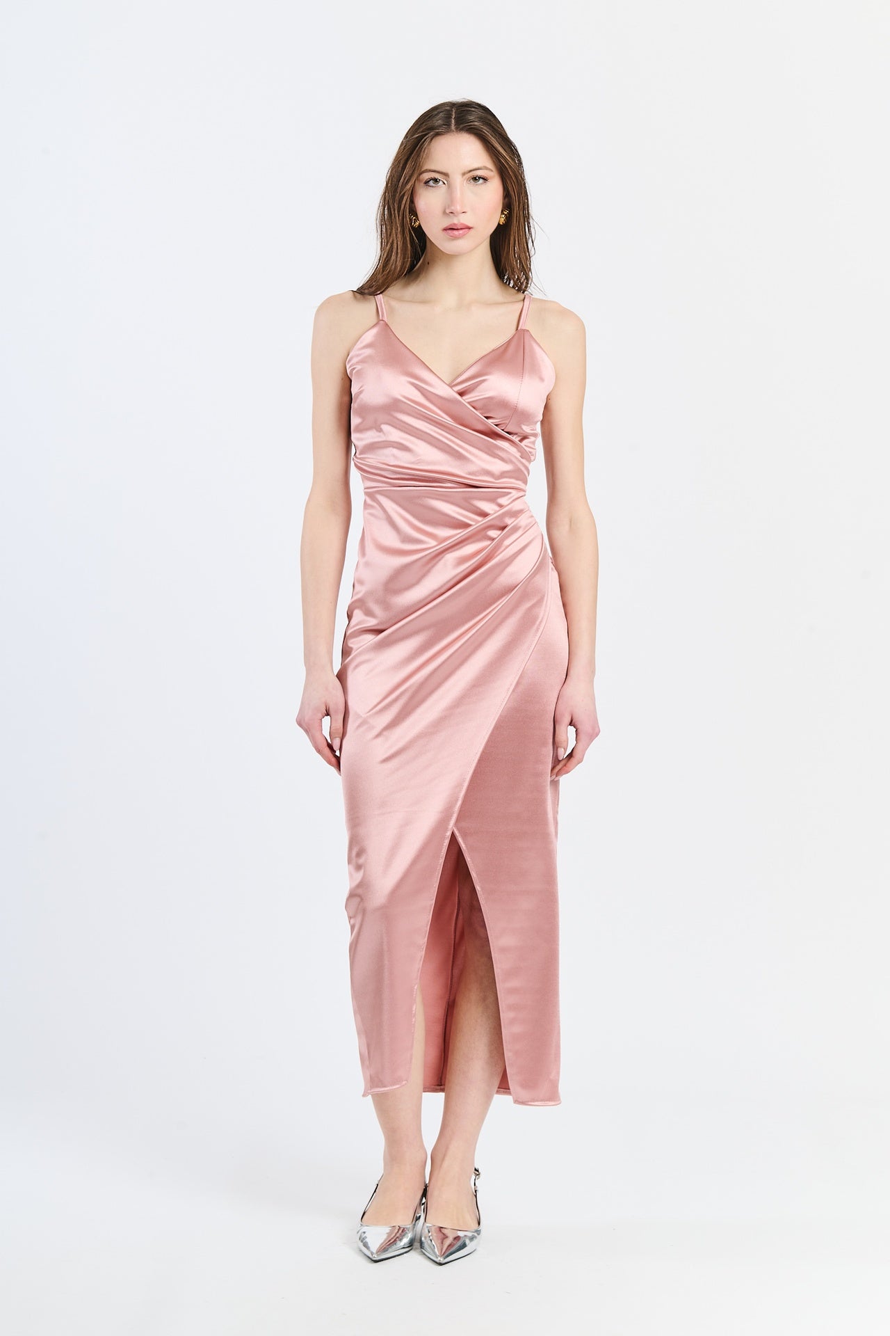 Vestito rosa antico sexy, decolleté profondo, aperto laterale, per eventi lussuosi