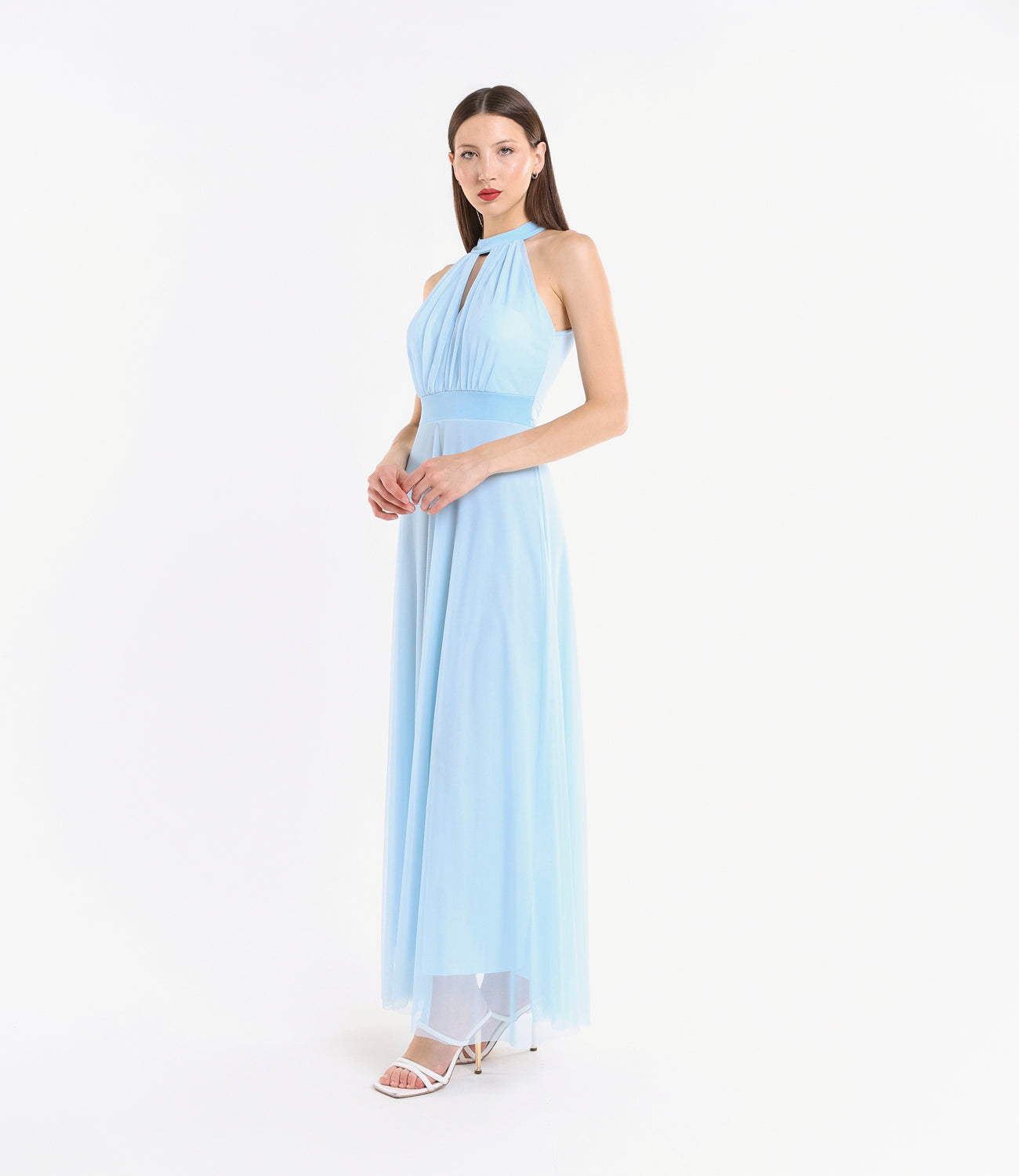 Abito azzurro trasparente in tulle, colletto alto