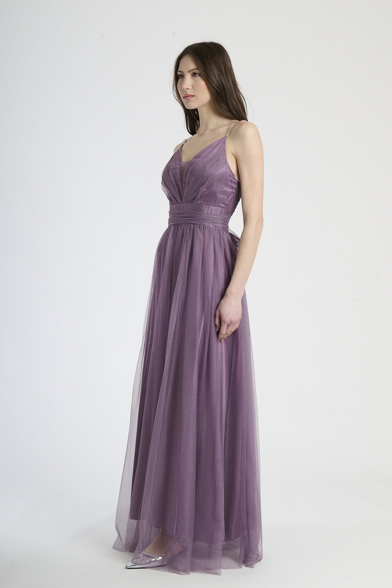 Abito da cerimonia viola in tulle trasparente, design affascinante