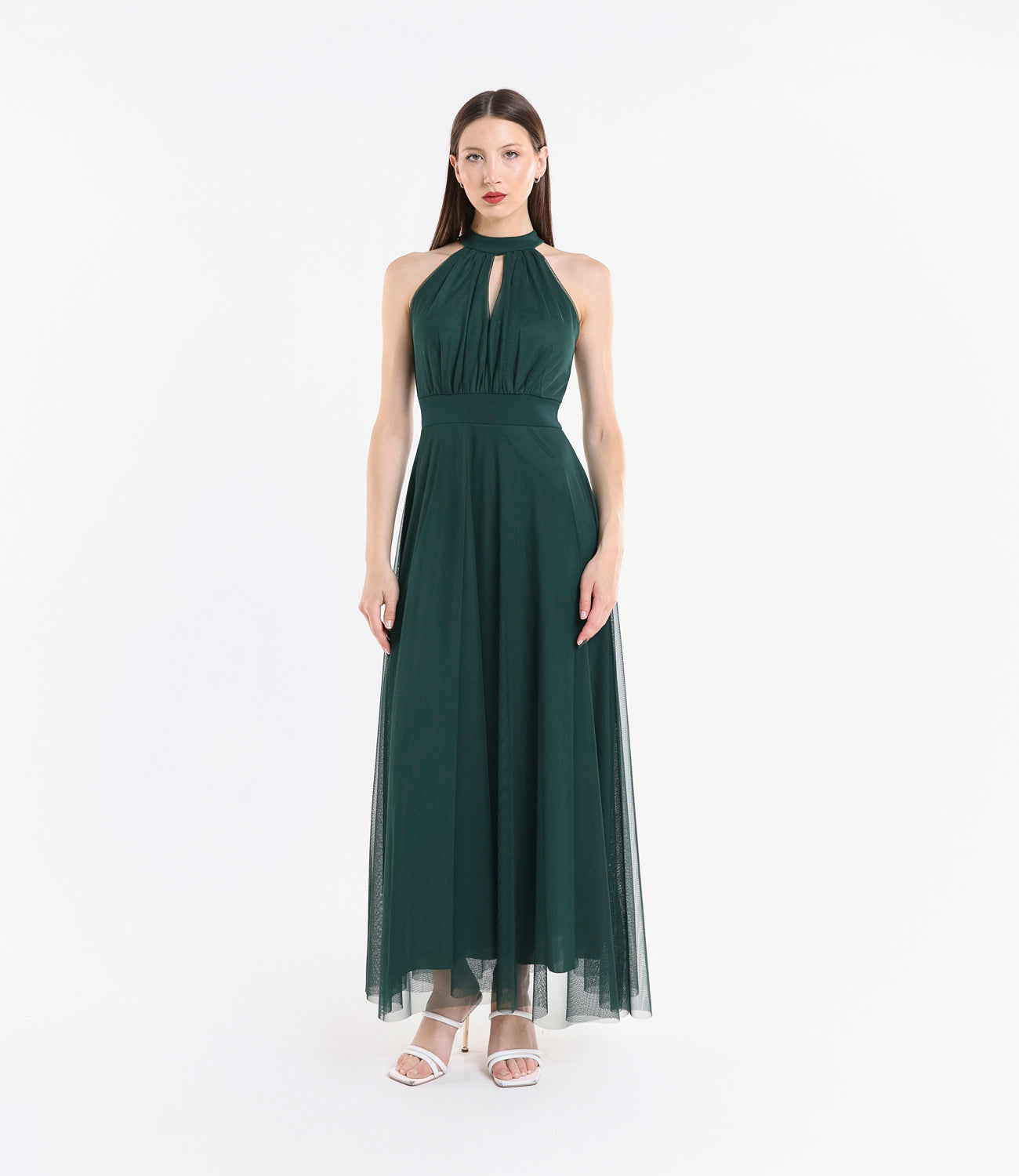 Abito verde.S elegante, design halter, gonna fluida, pianta verde decorativa