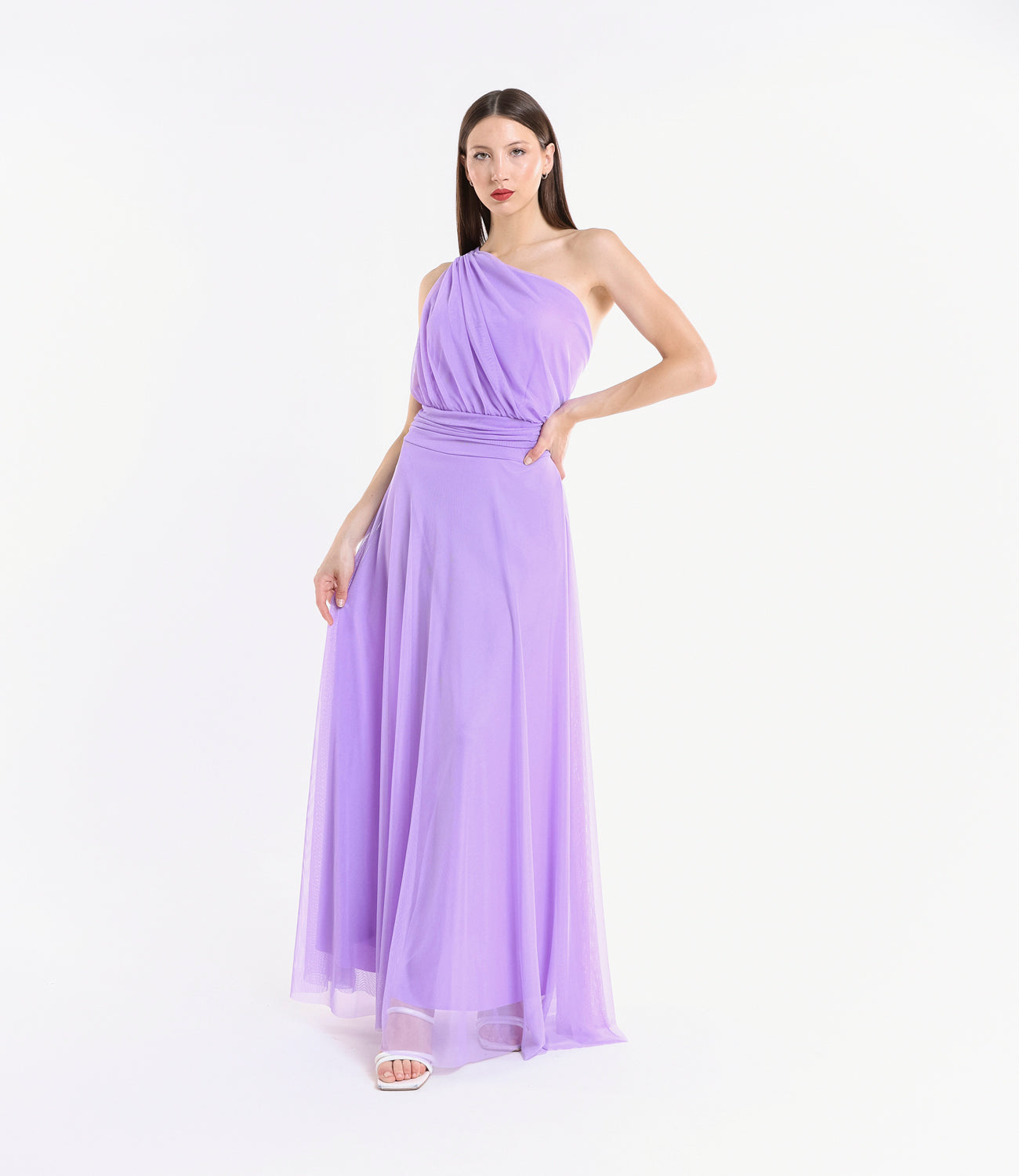Vestito elegante lilla, taglio a campana con scollo asimmetrico e fascia vita
