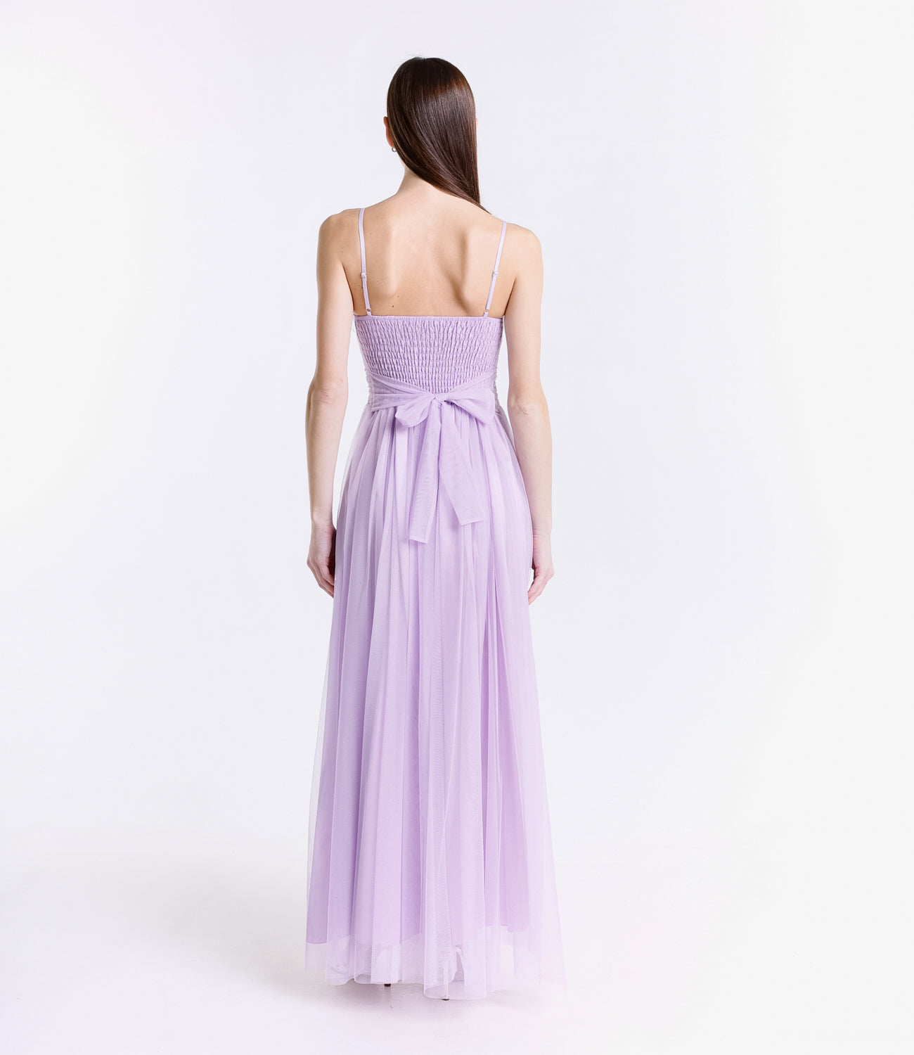 Abito da cerimonia lilla in tulle trasparente, design romantico