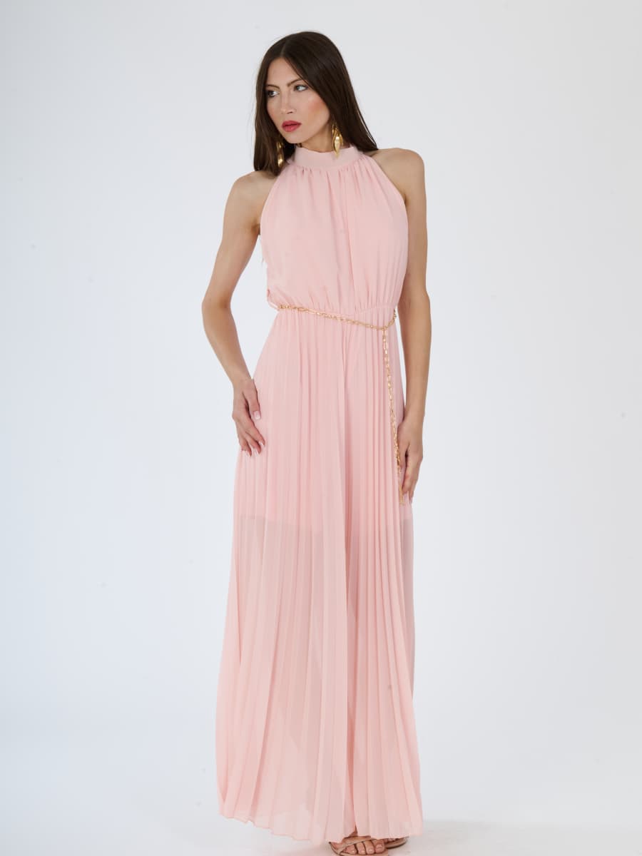 Tuta “Celestea” – Jumpsuit Plissé con Girocollo e Cintura a Catena