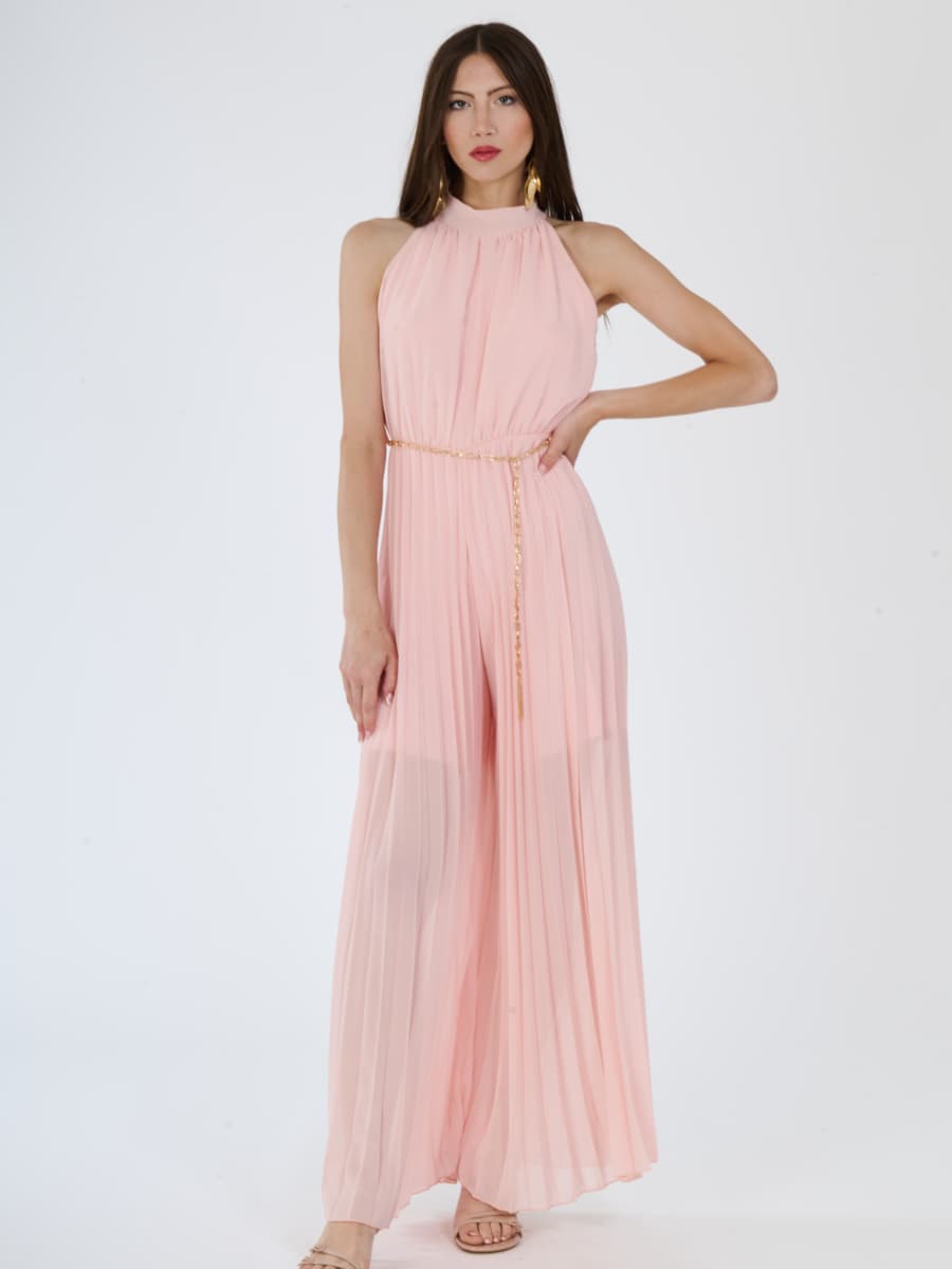 Tuta “Celestea” – Jumpsuit Plissé con Girocollo e Cintura a Catena