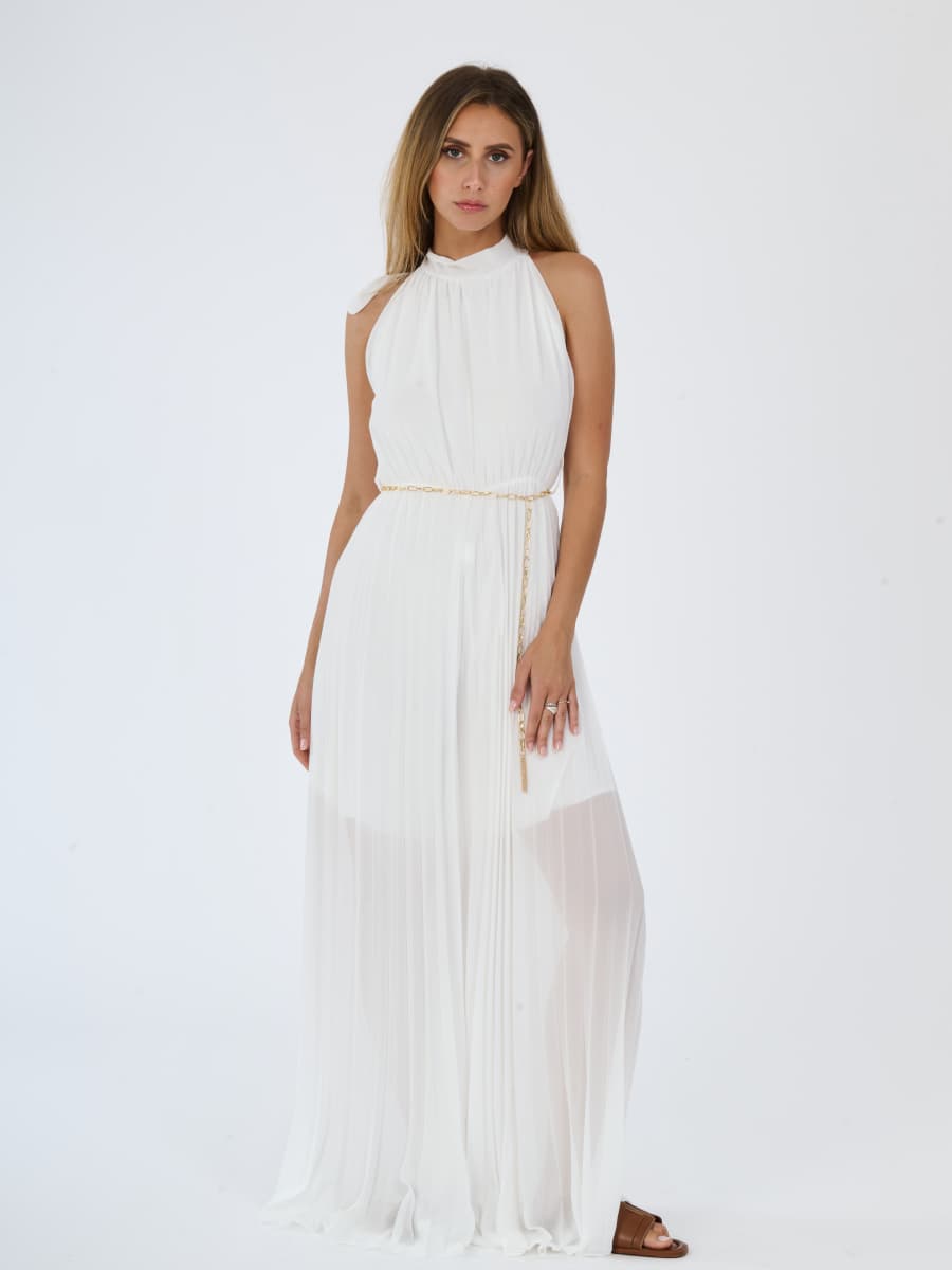 Tuta “Celestea” – Jumpsuit Plissé con Girocollo e Cintura a Catena