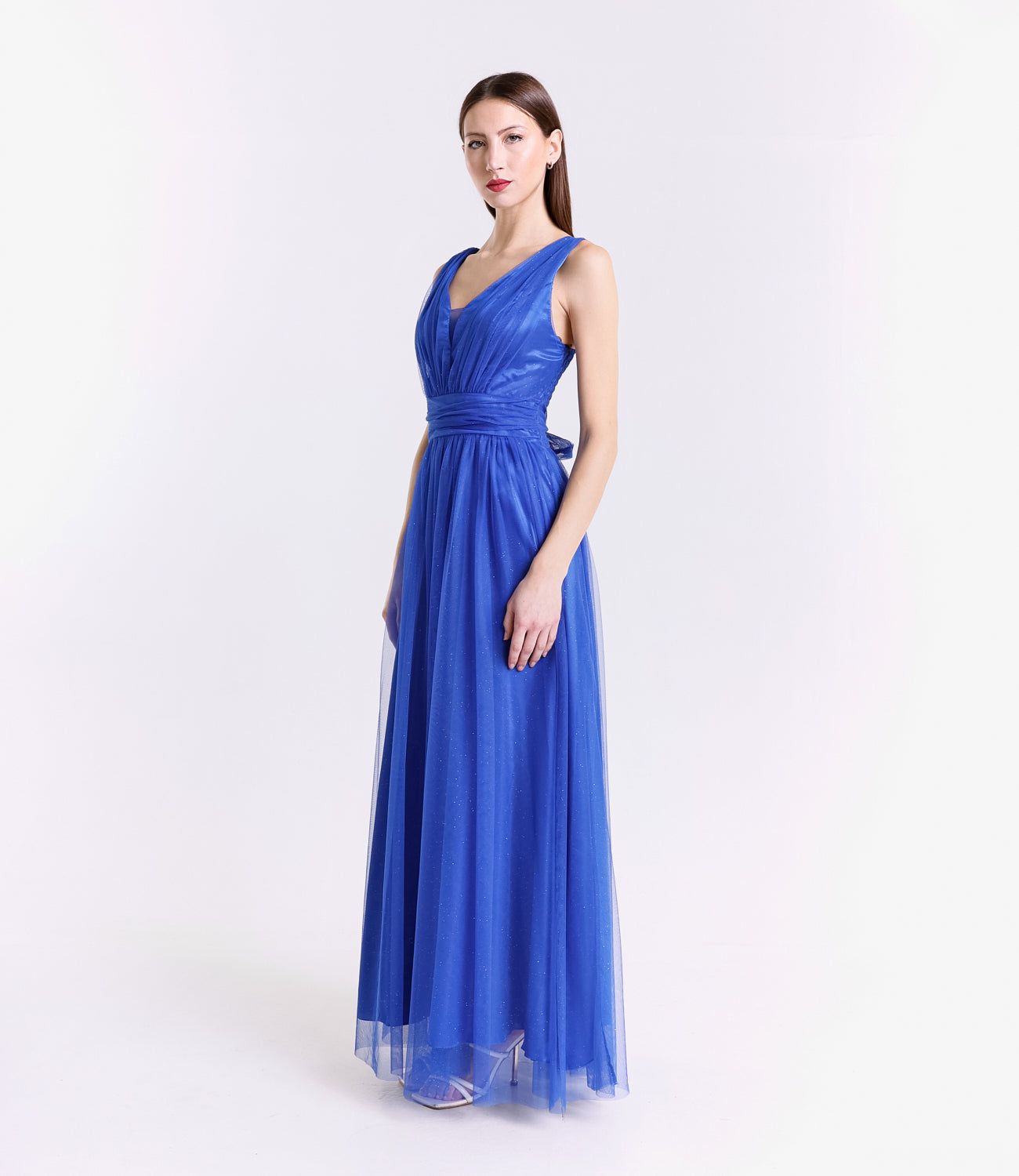 Abito lungo bluette senza maniche, perfetto per eventi formali e bridal party