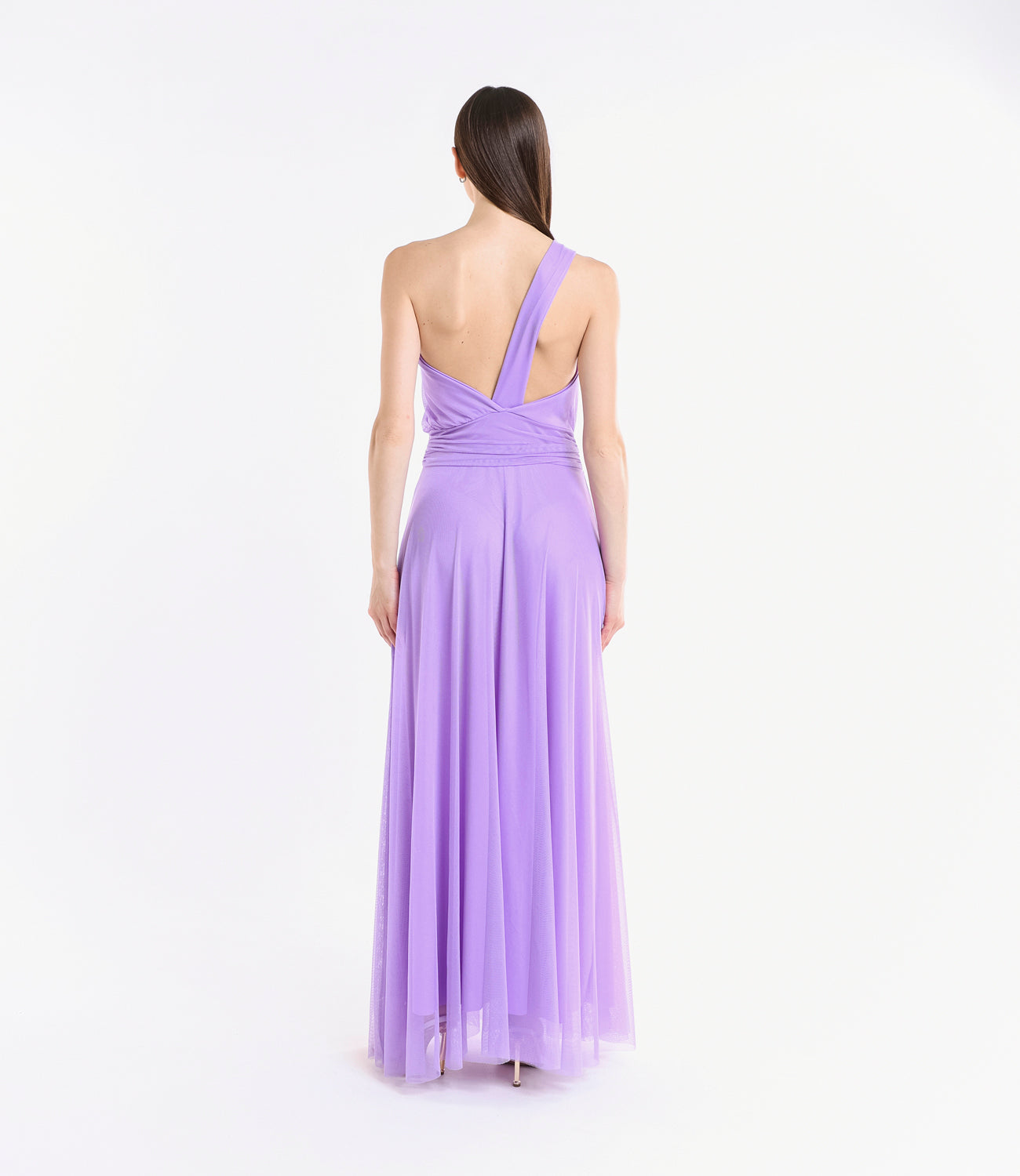 Vestito formale lilla, design monospalla con dettagli plissé e apertura leggera