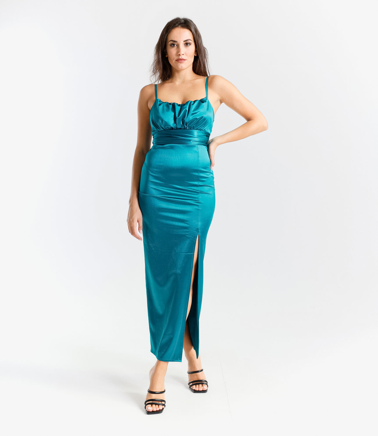 Abito elegante ottanio, design avvolgente con vita incontrita