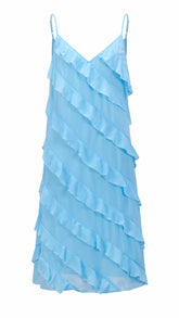 Vestito Donna Spalline Sottili con Balze Oblique, Abito Midi Smanicato Scollatura a V, Modello Elegante per Serate e Vacanze