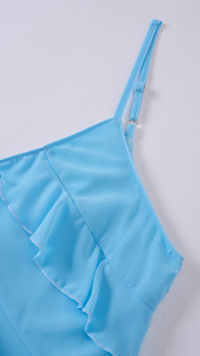 Vestito Donna Spalline Sottili con Balze Oblique, Abito Midi Smanicato Scollatura a V, Modello Elegante per Serate e Vacanze