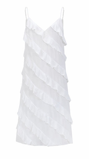 Vestito Donna Spalline Sottili con Balze Oblique, Abito Midi Smanicato Scollatura a V, Modello Elegante per Serate e Vacanze
