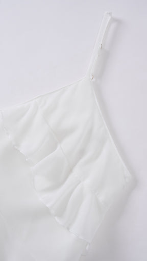 Vestito Donna Spalline Sottili con Balze Oblique, Abito Midi Smanicato Scollatura a V, Modello Elegante per Serate e Vacanze