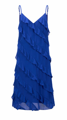 Vestito Donna Spalline Sottili con Balze Oblique, Abito Midi Smanicato Scollatura a V, Modello Elegante per Serate e Vacanze