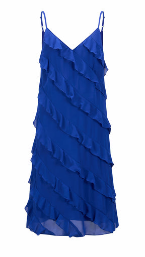 Vestito Donna Spalline Sottili con Balze Oblique, Abito Midi Smanicato Scollatura a V, Modello Elegante per Serate e Vacanze