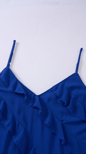 Vestito Donna Spalline Sottili con Balze Oblique, Abito Midi Smanicato Scollatura a V, Modello Elegante per Serate e Vacanze