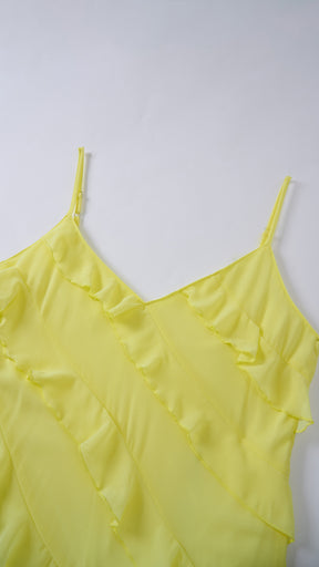 Vestito Donna Spalline Sottili con Balze Oblique, Abito Midi Smanicato Scollatura a V, Modello Elegante per Serate e Vacanze