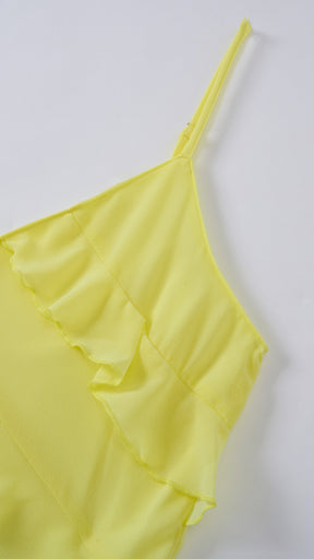 Vestito Donna Spalline Sottili con Balze Oblique, Abito Midi Smanicato Scollatura a V, Modello Elegante per Serate e Vacanze