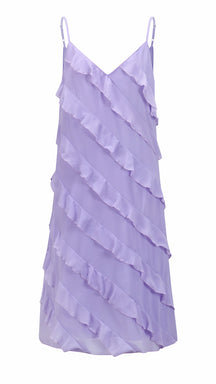 Vestito Donna Spalline Sottili con Balze Oblique, Abito Midi Smanicato Scollatura a V, Modello Elegante per Serate e Vacanze