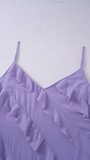 Vestito Donna Spalline Sottili con Balze Oblique, Abito Midi Smanicato Scollatura a V, Modello Elegante per Serate e Vacanze