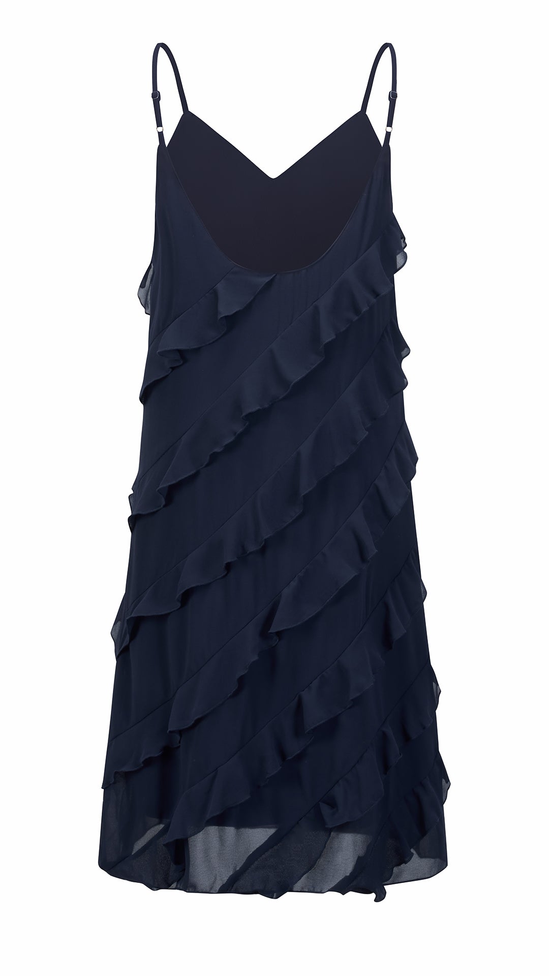 Vestito Donna Spalline Sottili con Balze Oblique, Abito Midi Smanicato Scollatura a V, Modello Elegante per Serate e Vacanze