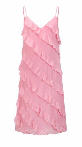Vestito Donna Spalline Sottili con Balze Oblique, Abito Midi Smanicato Scollatura a V, Modello Elegante per Serate e Vacanze