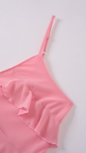 Vestito Donna Spalline Sottili con Balze Oblique, Abito Midi Smanicato Scollatura a V, Modello Elegante per Serate e Vacanze