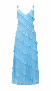 Vestito Maxi Spalline Regolabili con Balze Oblique, Abito Scollatura a V Fluido Donna per Vacanze e Feste