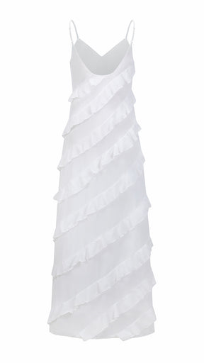 Vestito Maxi Spalline Regolabili con Balze Oblique, Abito Scollatura a V Fluido Donna per Vacanze e Feste