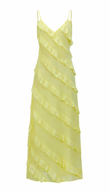 Vestito Maxi Spalline Regolabili con Balze Oblique, Abito Scollatura a V Fluido Donna per Vacanze e Feste