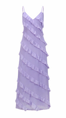 Vestito Maxi Spalline Regolabili con Balze Oblique, Abito Scollatura a V Fluido Donna per Vacanze e Feste