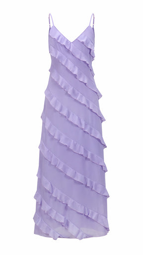 Vestito Maxi Spalline Regolabili con Balze Oblique, Abito Scollatura a V Fluido Donna per Vacanze e Feste
