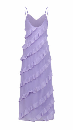Vestito Maxi Spalline Regolabili con Balze Oblique, Abito Scollatura a V Fluido Donna per Vacanze e Feste