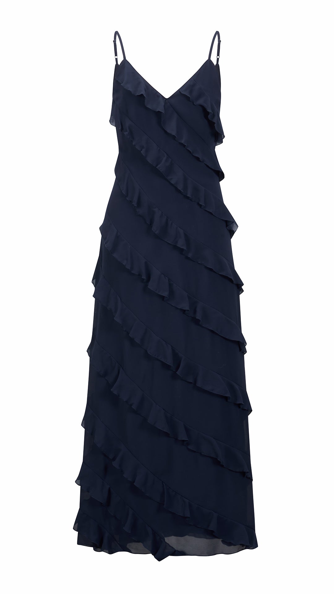 Vestito Maxi Spalline Regolabili con Balze Oblique, Abito Scollatura a V Fluido Donna per Vacanze e Feste