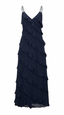 Vestito Maxi Spalline Regolabili con Balze Oblique, Abito Scollatura a V Fluido Donna per Vacanze e Feste