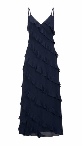 Vestito Maxi Spalline Regolabili con Balze Oblique, Abito Scollatura a V Fluido Donna per Vacanze e Feste