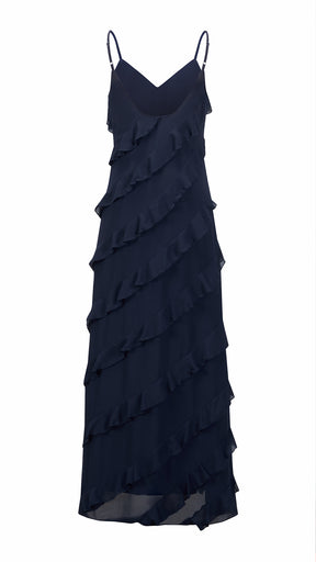 Vestito Maxi Spalline Regolabili con Balze Oblique, Abito Scollatura a V Fluido Donna per Vacanze e Feste