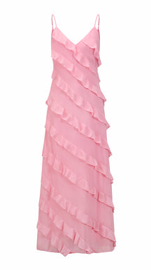 Vestito Maxi Spalline Regolabili con Balze Oblique, Abito Scollatura a V Fluido Donna per Vacanze e Feste