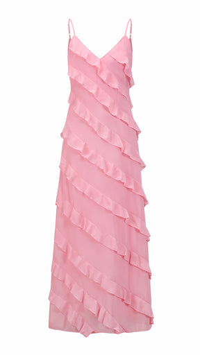 Vestito Maxi Spalline Regolabili con Balze Oblique, Abito Scollatura a V Fluido Donna per Vacanze e Feste