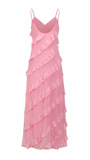 Vestito Maxi Spalline Regolabili con Balze Oblique, Abito Scollatura a V Fluido Donna per Vacanze e Feste