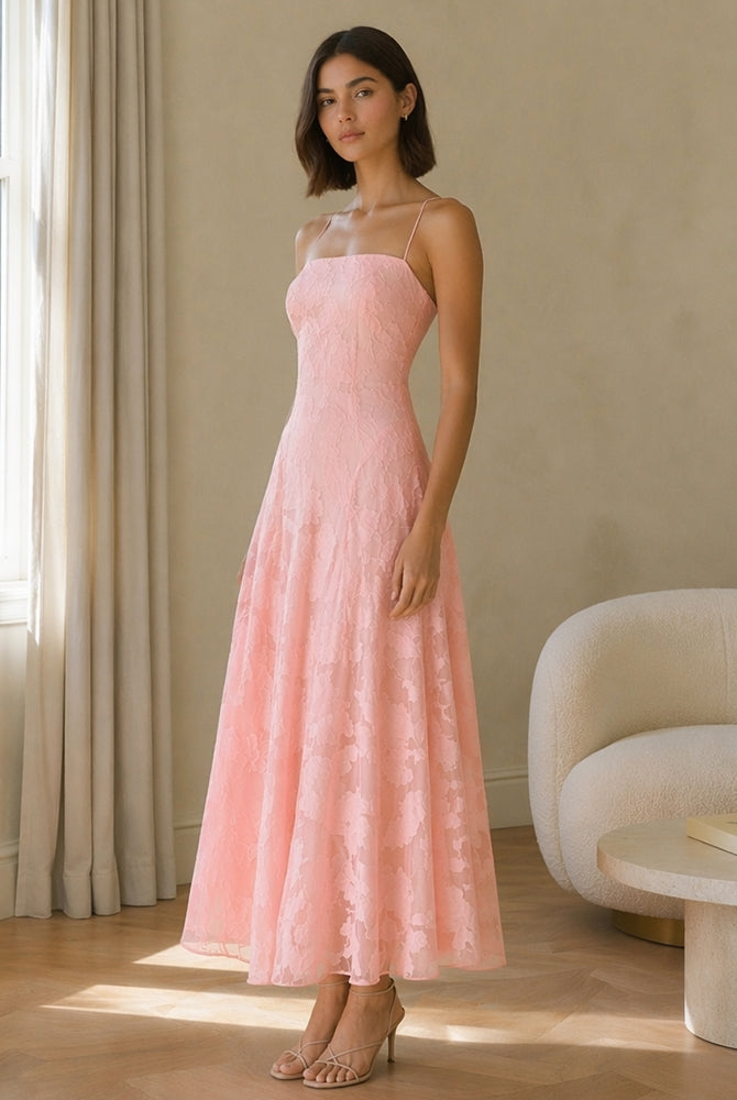 Abito midi elegante a spalline sottili con scollo a fascia, tessuto jacquard floreale e dettaglio a croce sul retro（副本）