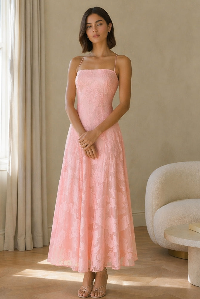 Abito midi elegante a spalline sottili con scollo a fascia, tessuto jacquard floreale e dettaglio a croce sul retro（副本）