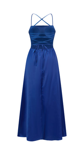 Abito Lungo in Satin con Spalline Sottili e Schiena a Croce - Eleganza per Matrimoni e Serate