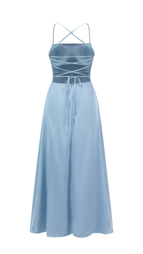 Abito Lungo in Satin con Spalline Sottili e Schiena a Croce - Eleganza per Matrimoni e Serate