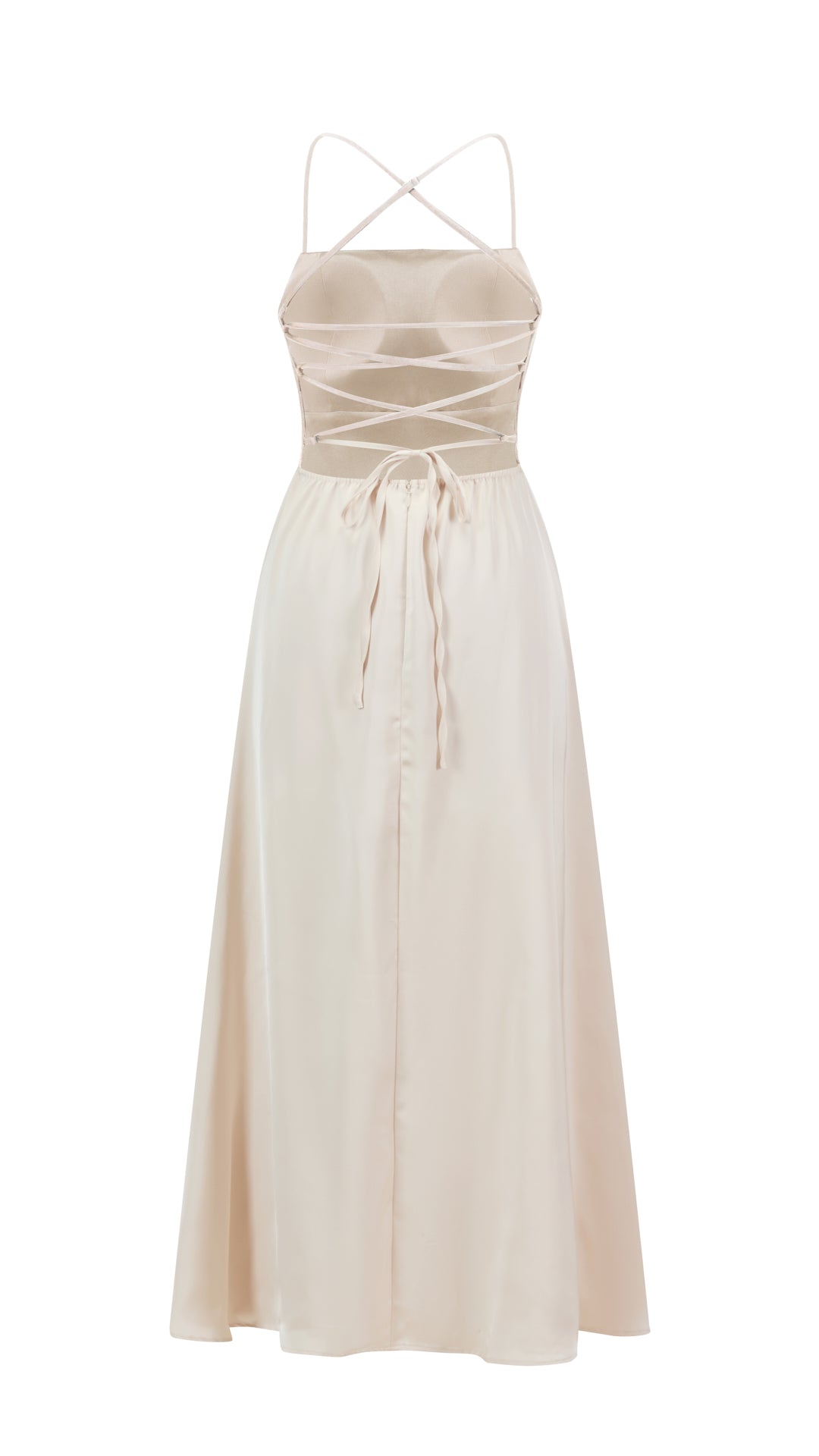 Abito Lungo in Satin con Spalline Sottili e Schiena a Croce - Eleganza per Matrimoni e Serate