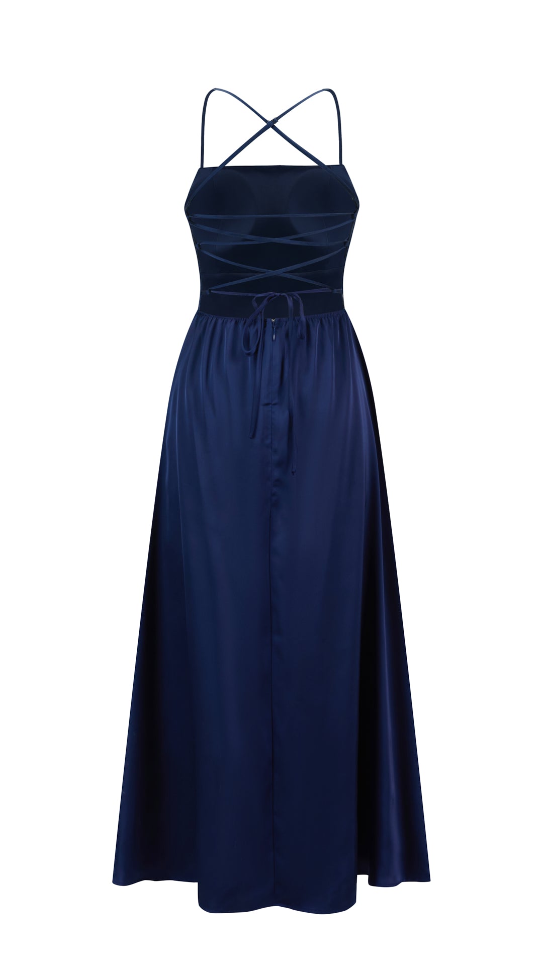Abito Lungo in Satin con Spalline Sottili e Schiena a Croce - Eleganza per Matrimoni e Serate