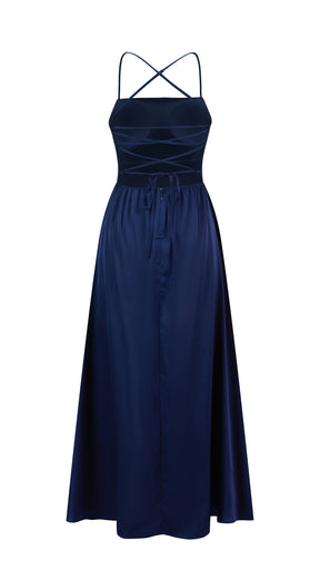 Abito Lungo in Satin con Spalline Sottili e Schiena a Croce - Eleganza per Matrimoni e Serate