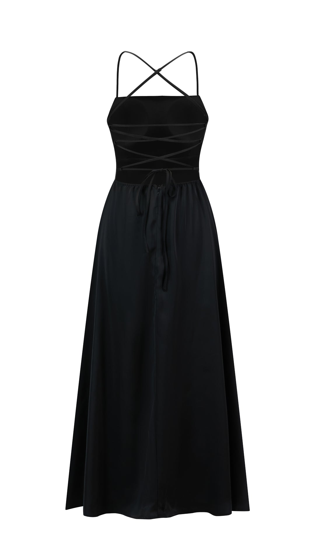 Abito Lungo in Satin con Spalline Sottili e Schiena a Croce - Eleganza per Matrimoni e Serate
