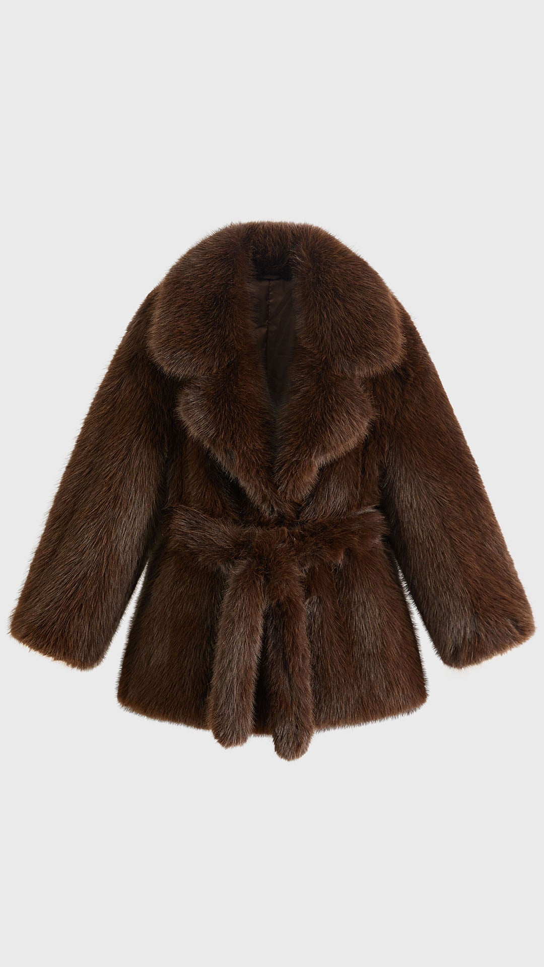 Cappotto corto in pelliccia sintetica con colletto a revers e cintura