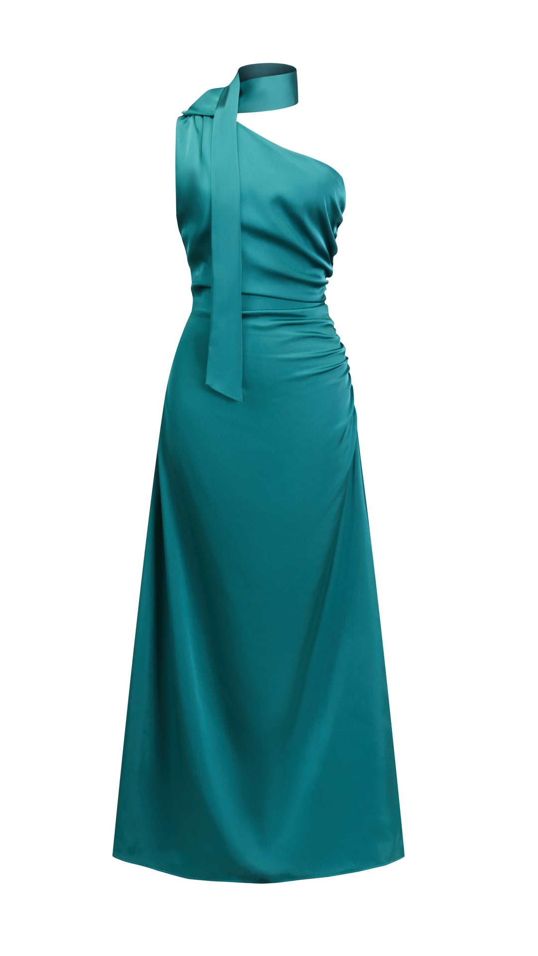 Abito Lungo Monospalla con Collarino e Fiocco in Satin - Eleganza per Matrimoni e Serate Speciali